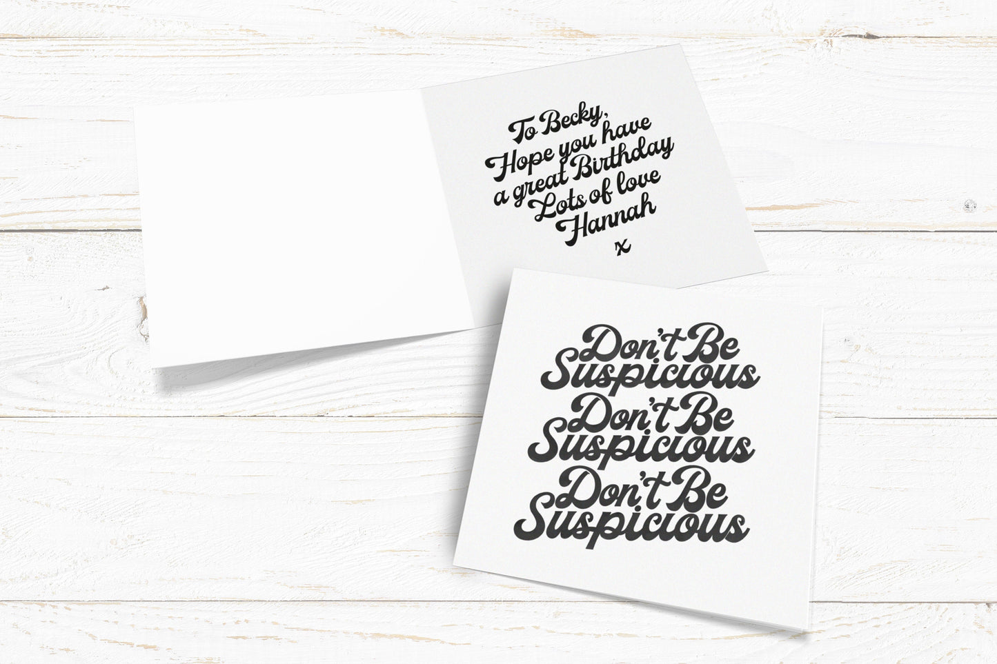 Don't be Suspicious Card. Tik Tok Cards. Funny Birthday Cards. Recycled Kraft or White Card. Send Direct Option.