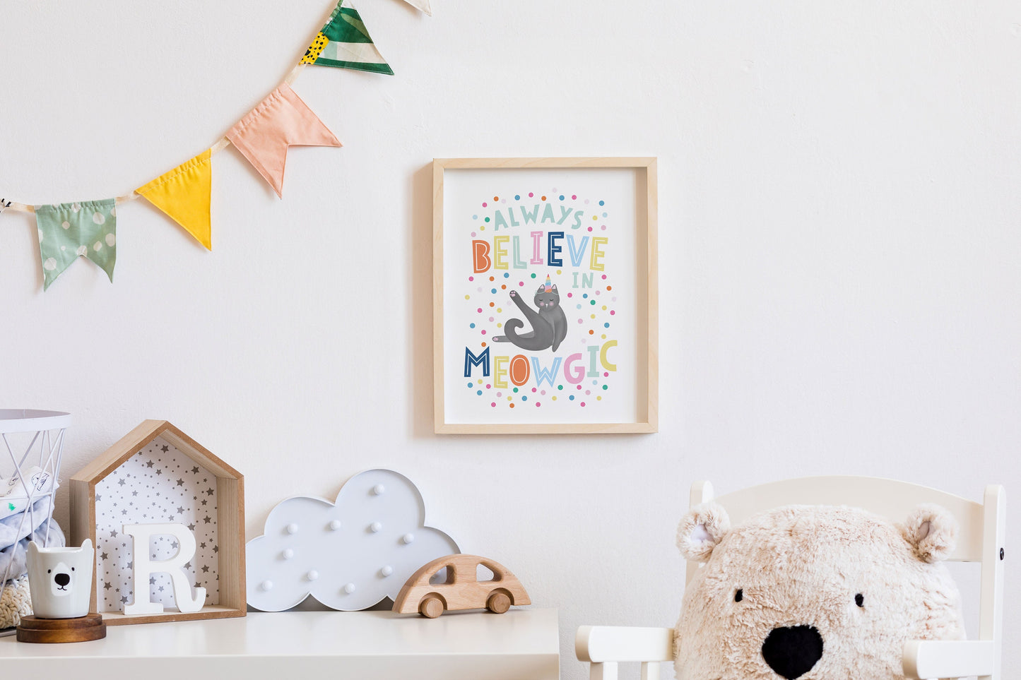 Believe in Meowgic Print. Nursery Childs Bedroom Wall Print. Unicorn Print. Child's Birthday Present. Naming Day Wall Art