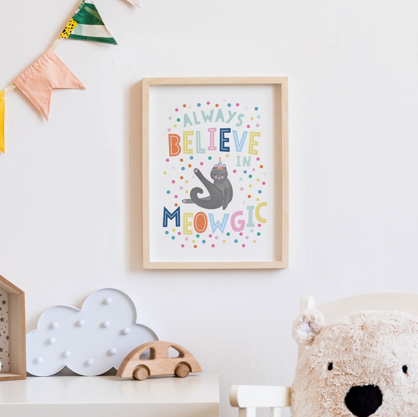 Believe in Meowgic Print. Nursery Childs Bedroom Wall Print. Unicorn Print. Child's Birthday Present. Naming Day Wall Art