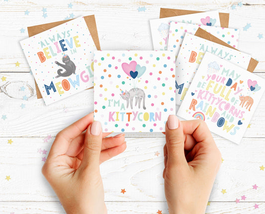 Mini Pack of Happiness - Kittycorns. Cute Birthday Cards. Pack of 6, 9 or 12. Includes 3 different designs.