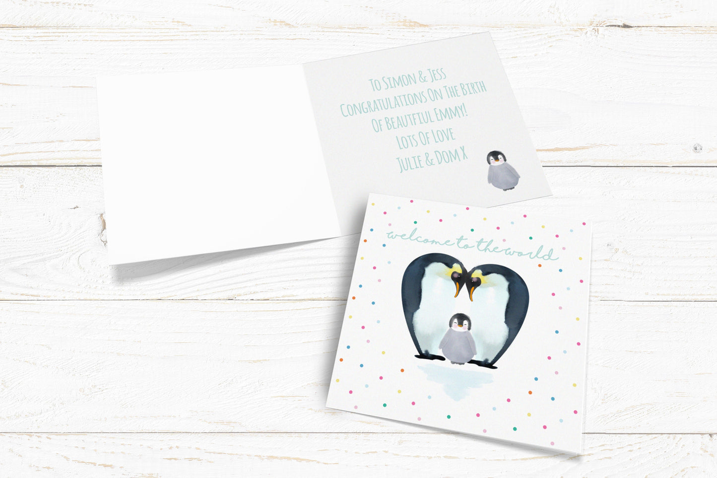 Welcome to the World Penguin Card. Personalised New Baby Card. Cute Penguin Card. Send Direct Option.