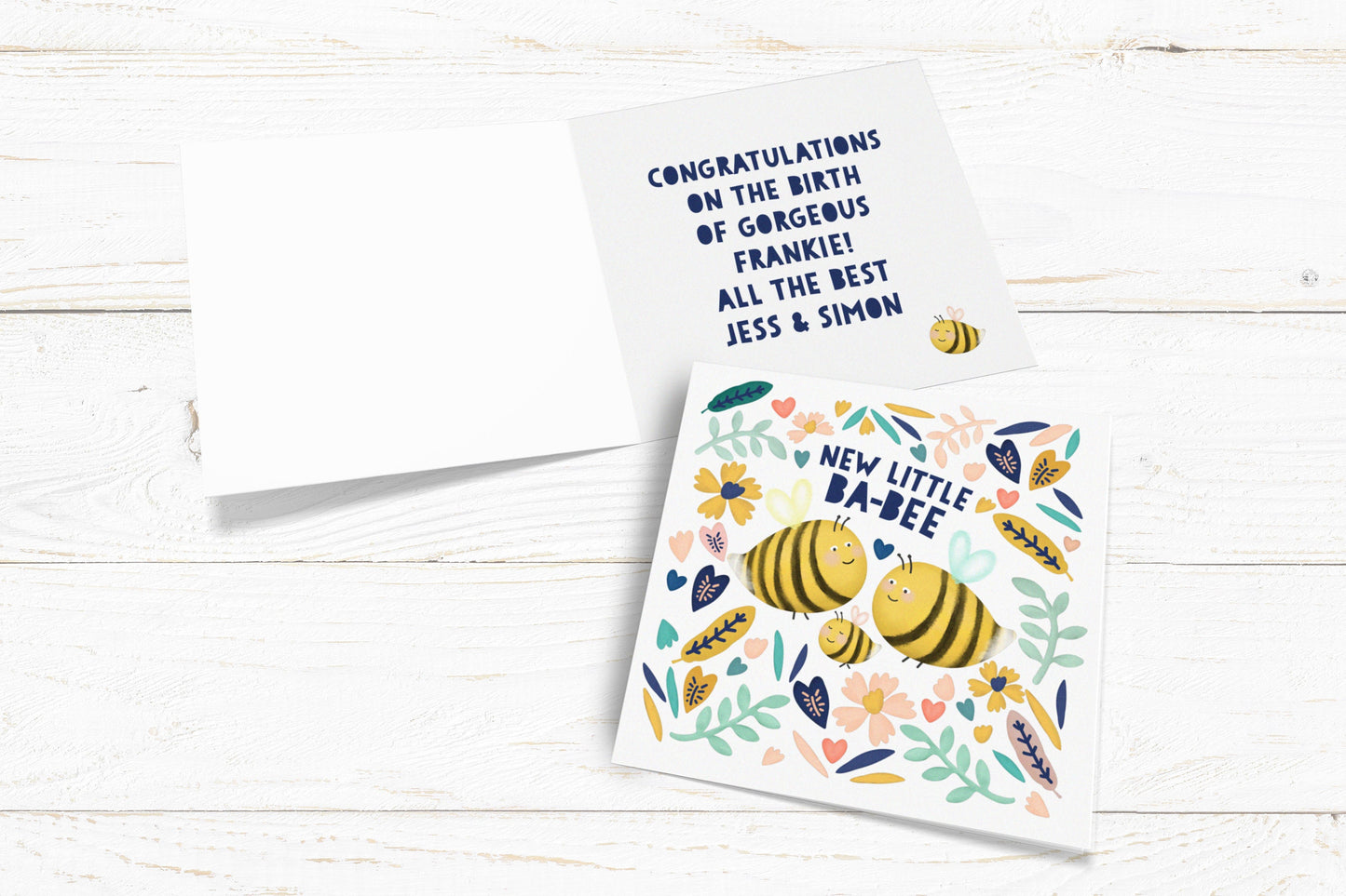 New Baby Bee Card. Personalised New Baby Card. Born on Card. Birth Celebration Card. Cute Bee Card. Send Direct Option.