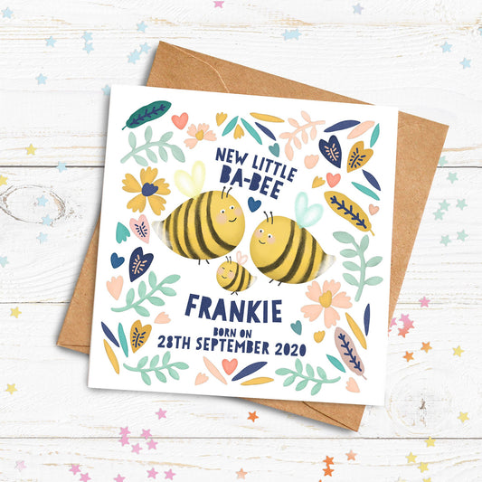 New Baby Bee Card. Personalised New Baby Card. Born on Card. Birth Celebration Card. Cute Bee Card. Send Direct Option.