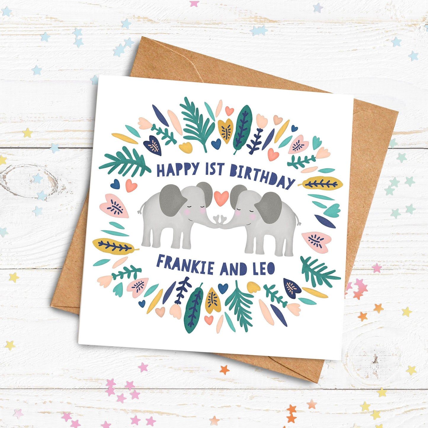Elephant Born Together Friends Forever. Baby Twin Card. Birthday Twin Card. Cute Twin Card. Personalised Twin Card. Send Direct Option.