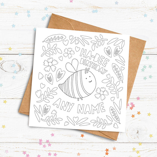 Colour Me In Card. Birthday Bee. Personalised Colouring In Card. Cute Card. Kids Birthday Cards. Send Direct Option.