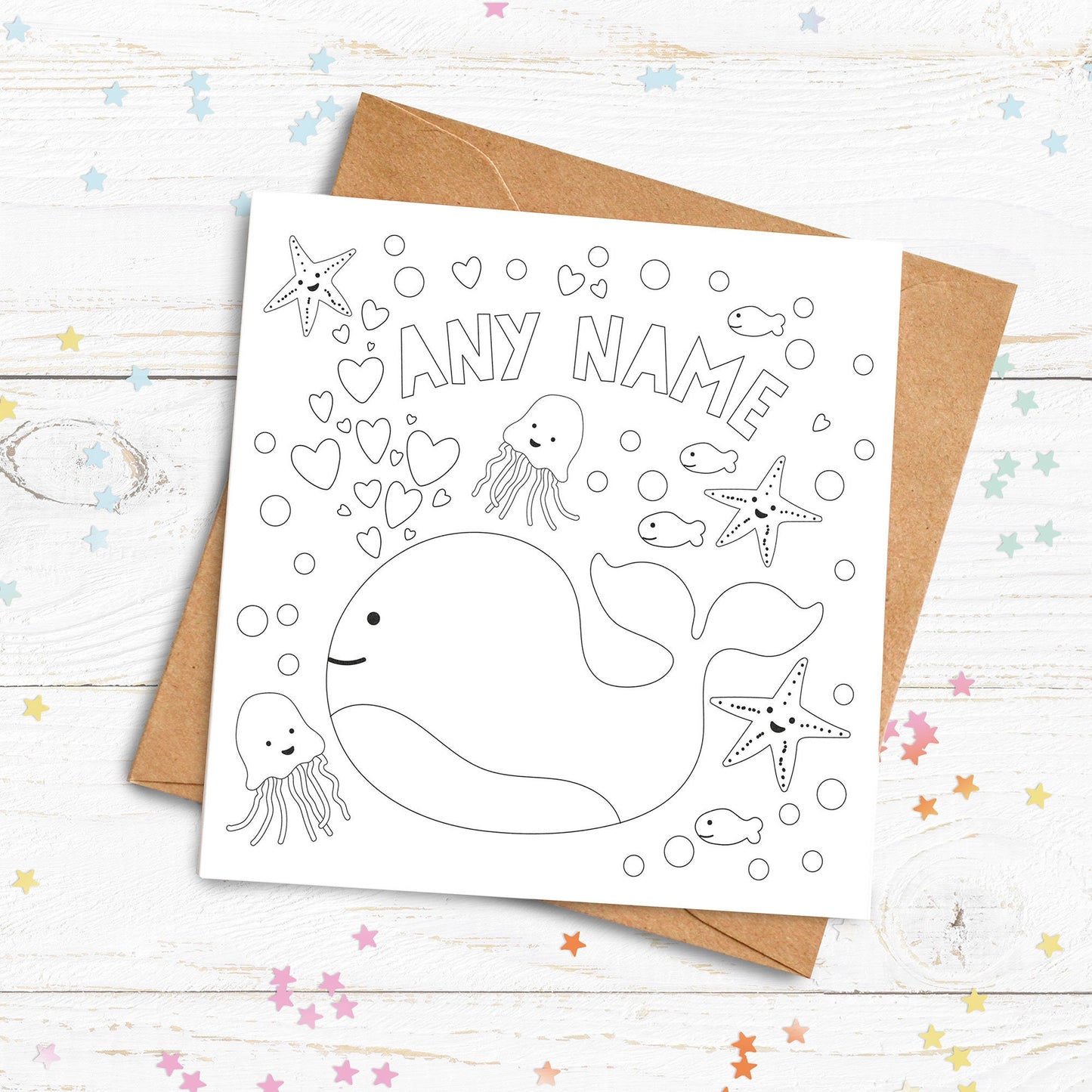 Colour Me In Card. Whale Card. Personalised Colouring In Card. Cute Card. Kids Birthday Cards. Send Direct Option.
