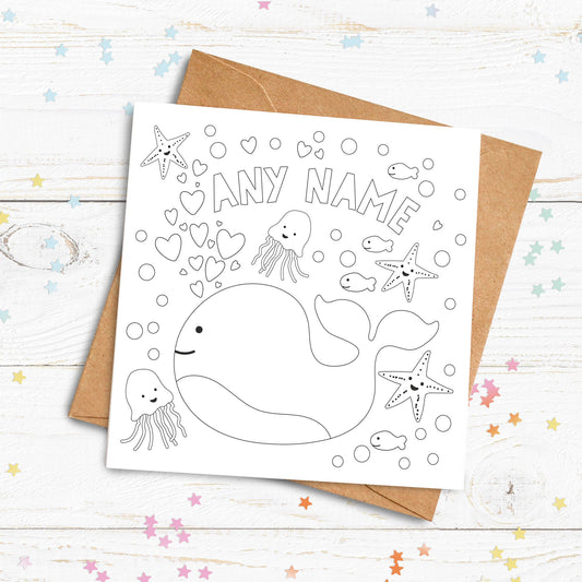 Colour Me In Card. Whale Card. Personalised Colouring In Card. Cute Card. Kids Birthday Cards. Send Direct Option.