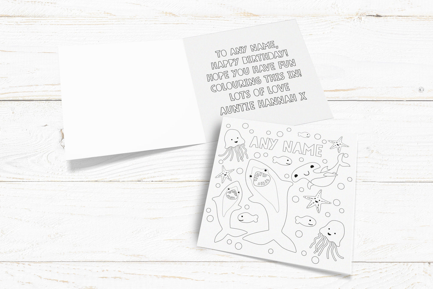 Colour Me In Card. Shark and Jellyfish Card. Personalised Colouring In Card. Cute Card. Kids Birthday Cards. Send Direct Option.