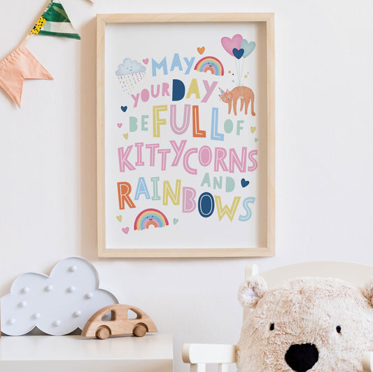 Kittycorns and Rainbows Print. Nursery Childs Bedroom Wall Print. Unicorn Print. Child's Birthday Present. Naming Day Wall Art
