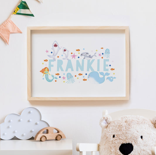 Under The Sea Name Print. Nursery Childs Bedroom. New Baby Gift. Personalised Name Print. Child's Birthday Present. Naming Day Wall Art