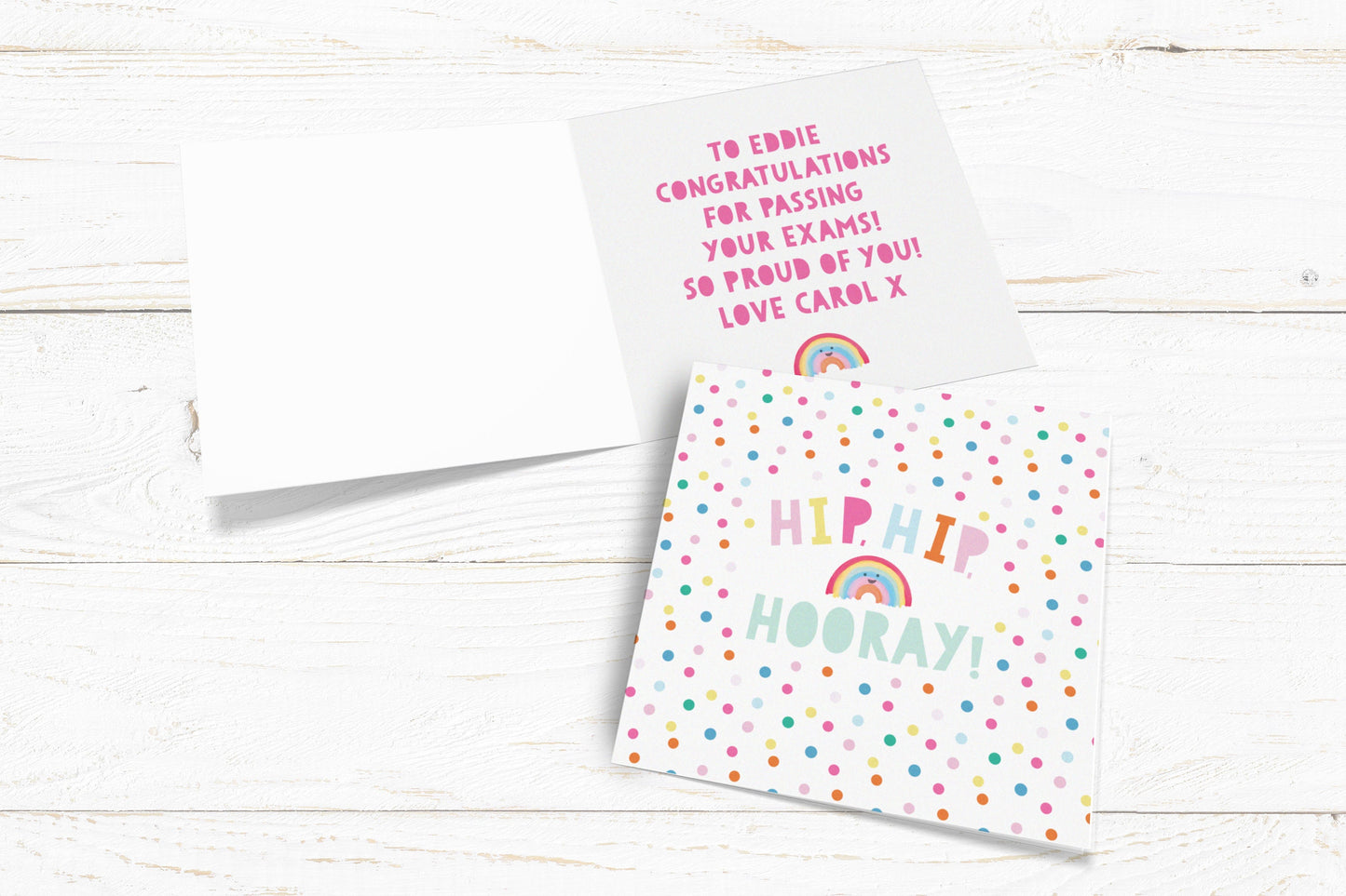 Hip, Hip Hooray! Rainbow Card. Personalised Well Done Card. Congratulations Card. Passed Exams Card. Graduation Card. Send Direct Option.