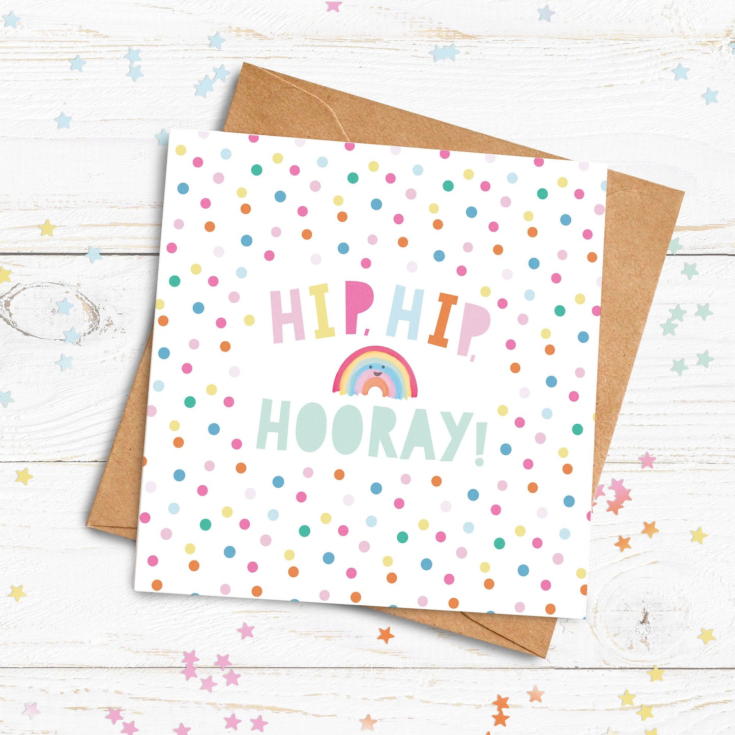 Hip, Hip Hooray! Rainbow Card. Personalised Well Done Card. Congratulations Card. Passed Exams Card. Graduation Card. Send Direct Option.