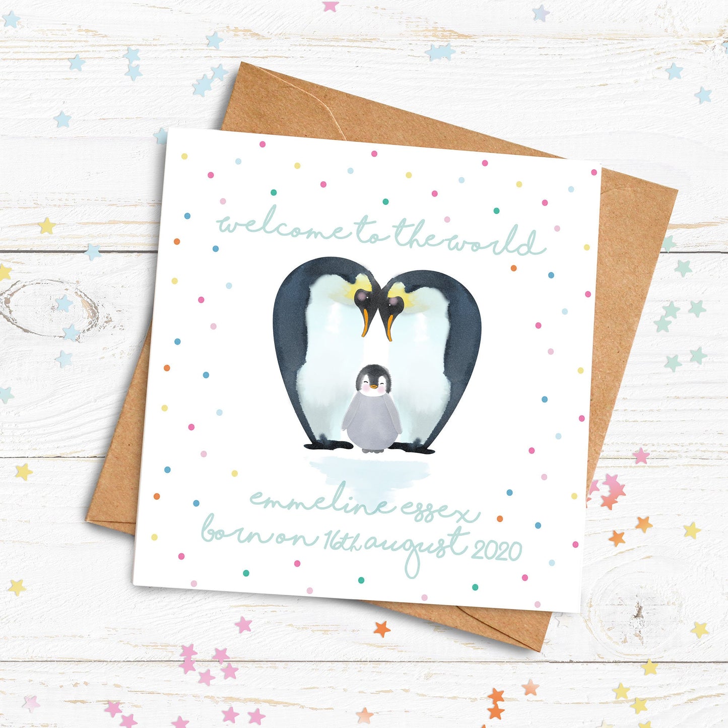 Welcome to the World Penguin Card. Personalised New Baby Card. Cute Penguin Card. Send Direct Option.