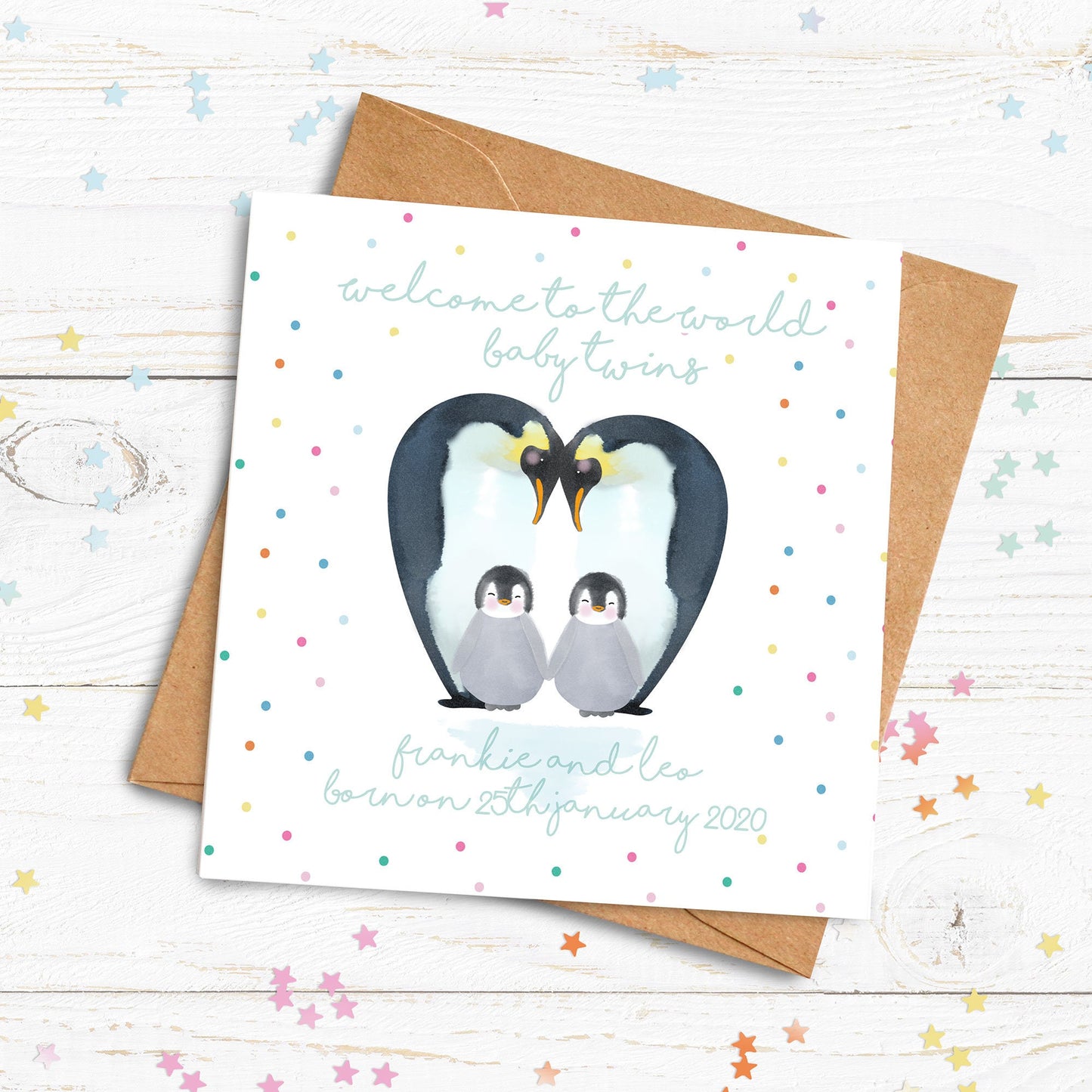 Baby Twins Penguin Card. Personalised New Baby Card. Cute Penguin Card. Cards for twins. Send Direct Option.