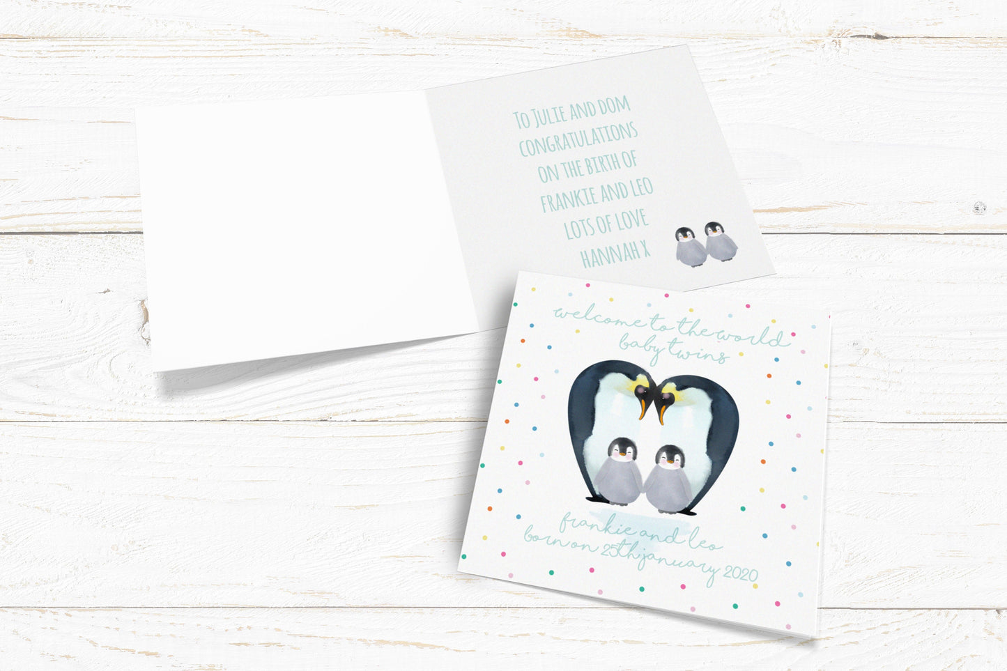 Baby Twins Penguin Card. Personalised New Baby Card. Cute Penguin Card. Cards for twins. Send Direct Option.