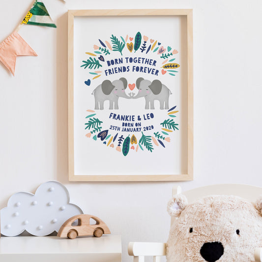 Elephant Twin Personalised Print. Nursery Childs Bedroom. New Baby Gift. Twin Gifts. Child's Birthday Present. Naming Day Wall Art