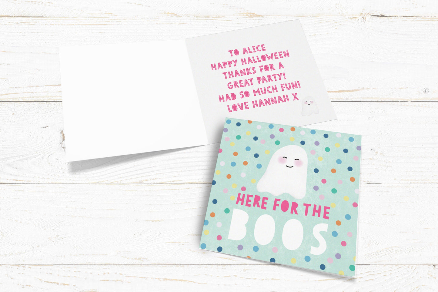 Here for the Boos Card. Personalised Halloween Card. Cute Ghost Card. Halloween Party Invite. Send Direct Option.