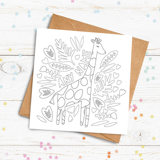 Colour Me In Card. Giraffe. Personalised Colouring In Card. Cute Card. Kids Birthday Cards. Send Direct Option.