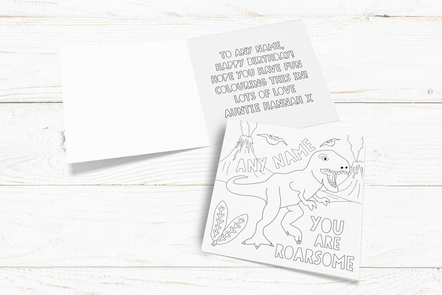 Colour Me In Card. Dinosaur Card. Personalised Colouring In Card. Cute Card. Kids Birthday Cards. Send Direct Option.