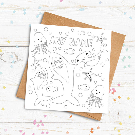 Colour Me In Card. Shark and Jellyfish Card. Personalised Colouring In Card. Cute Card. Kids Birthday Cards. Send Direct Option.