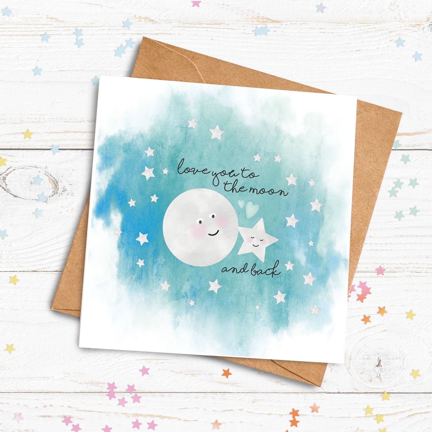 Love You To The Moon and Back Card. Personalised Space Card. Cute moon and star Card. Personalised Birthday Card. Send Direct Option.