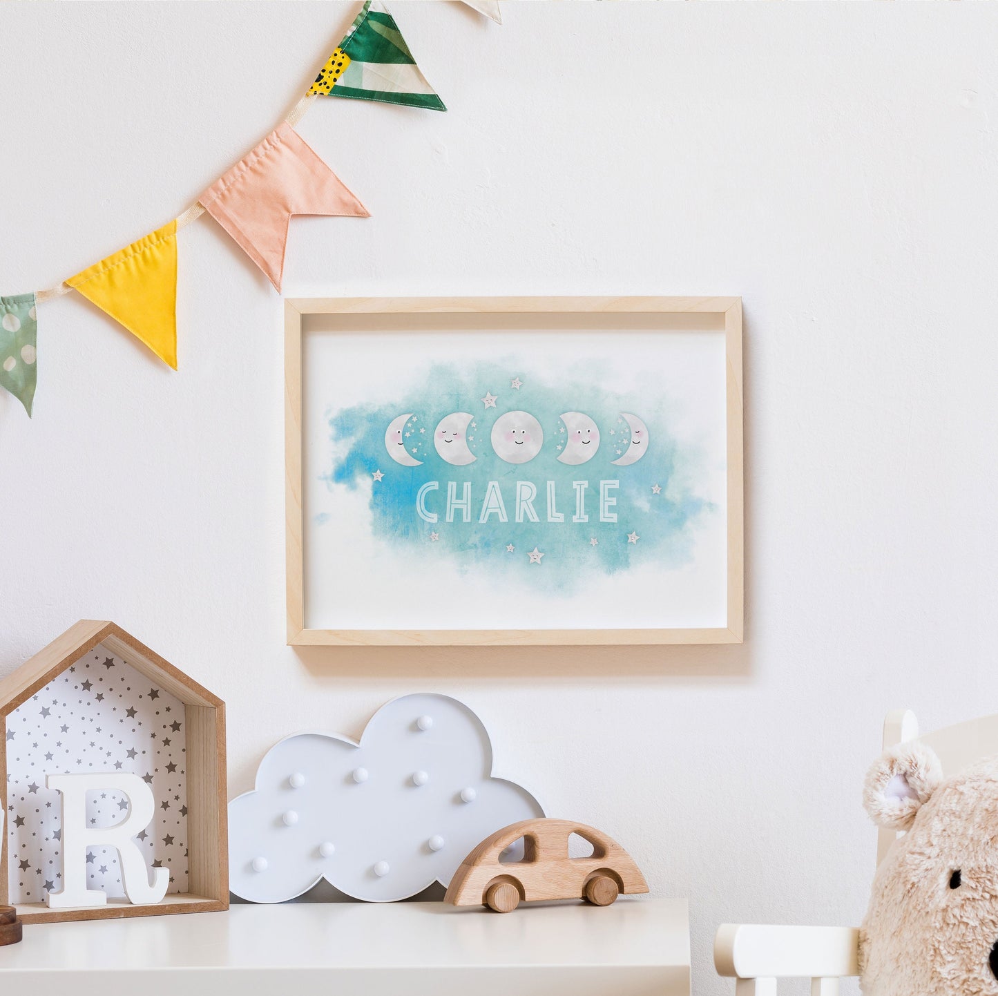 Moon Phases Name Print. Nursery Childs Bedroom. New Baby Gift. Personalised Name Print. Child's Birthday Present. Cute Space Theme Print.