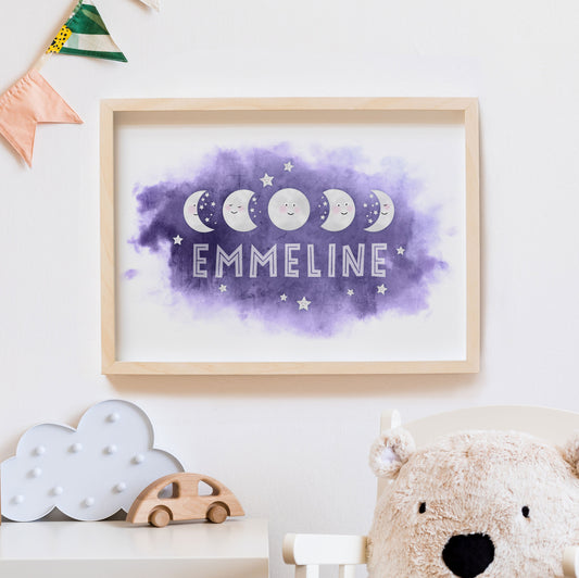 Moon Phases Name Print. Nursery Childs Bedroom. New Baby Gift. Personalised Name Print. Child's Birthday Present. Cute Space Theme Print.