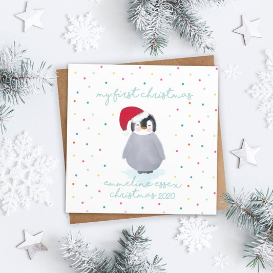 Penguin My First Christmas Card. Personalised Christmas Card. Cure Penguin Card. Baby's first Christmas. Cute Christmas. Send Direct Option.