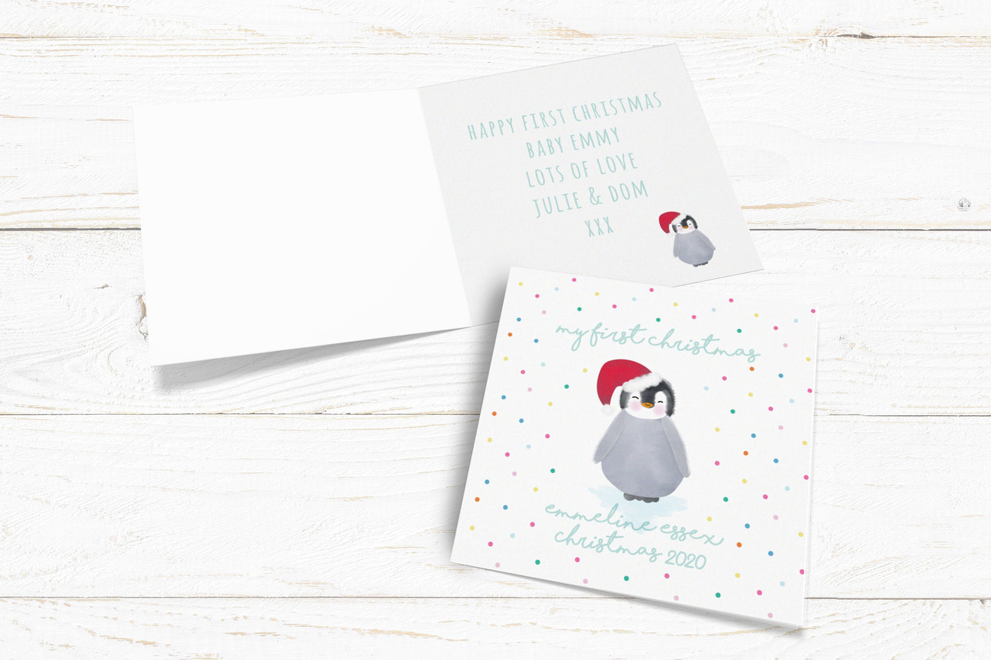 Penguin My First Christmas Card. Personalised Christmas Card. Cure Penguin Card. Baby's first Christmas. Cute Christmas. Send Direct Option.
