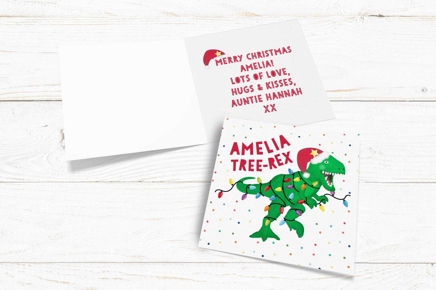 Tree-Rex Christmas Card. Personalised Christmas Card. T Rex Card. Cute Dinosaur Christmas Card. Cute Christmas Cards. Send Direct Option.
