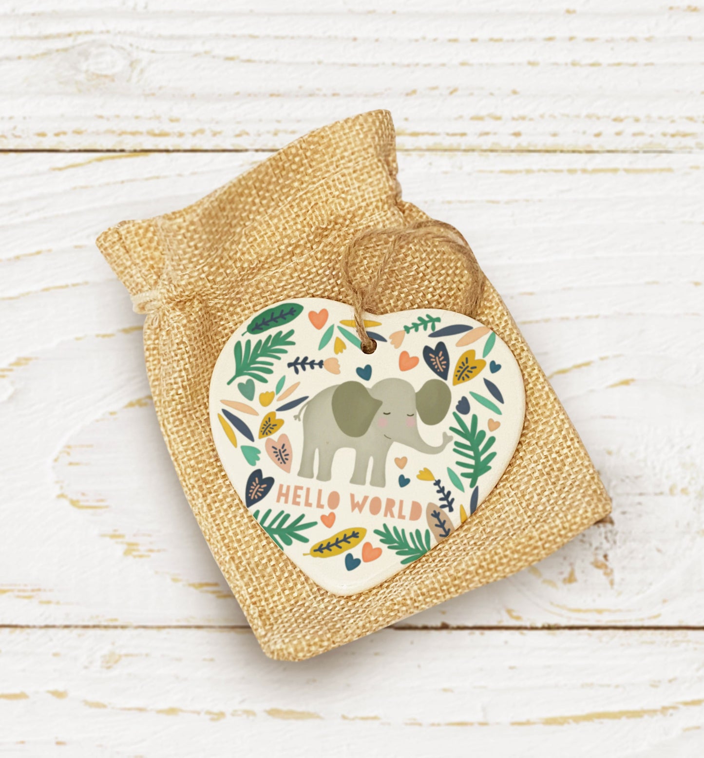 Hello World Elephant Hanging Heart. Cute Elephant Decoration. New Baby Decoration. Welcome to the world. 1st Birthday Gift. Ceramic ornament
