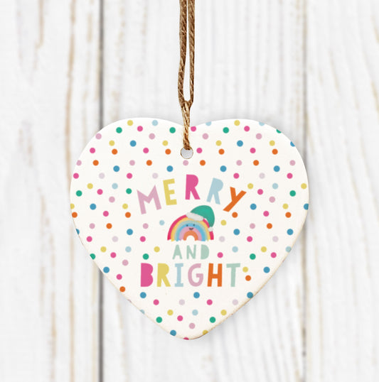 Merry And Bright Rainbow Hanging Heart. Cute Rainbow Decoration. Christmas Bauble. Lockdown Christmas Gift. Christmas Ceramic ornament