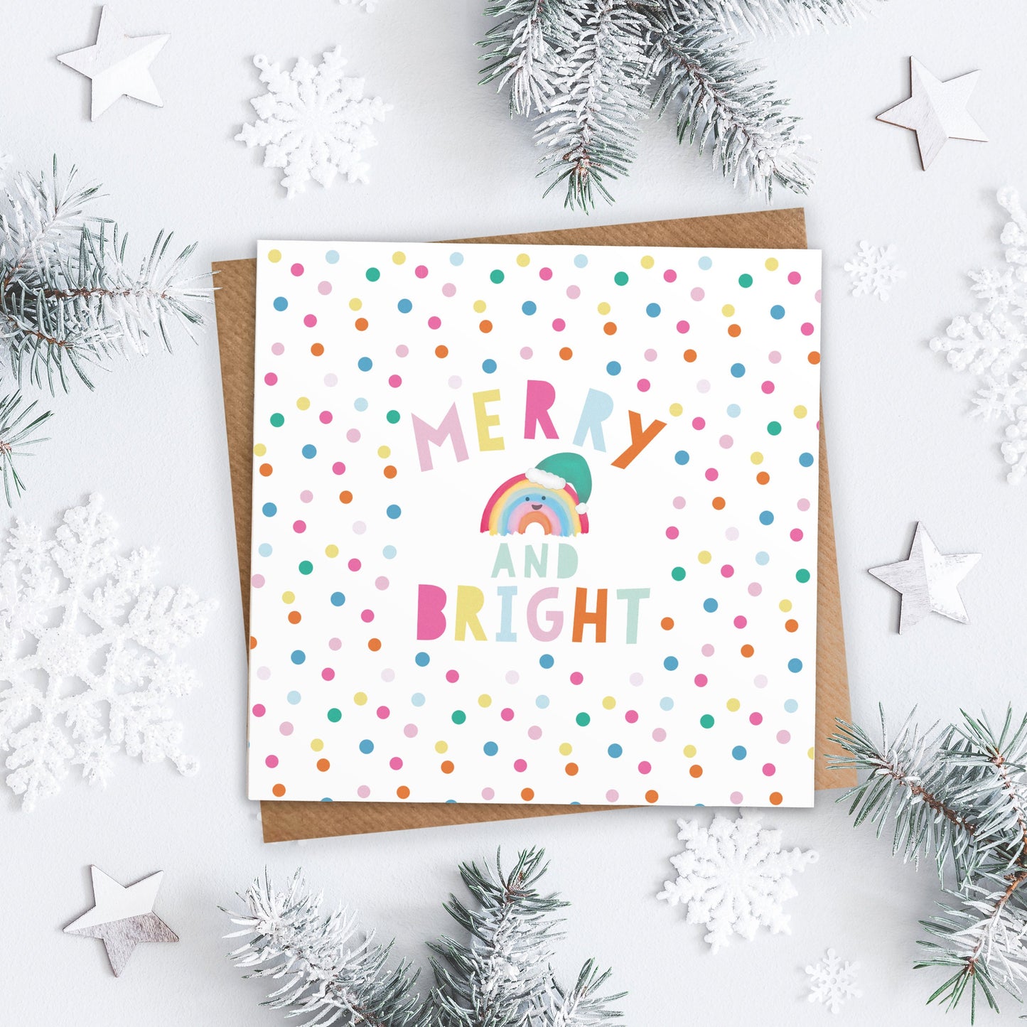Merry And Bright Rainbow Christmas Card. Personalised Christmas Card. Festive Rainbow Card. Cute Christmas Cards. Send Direct Option.