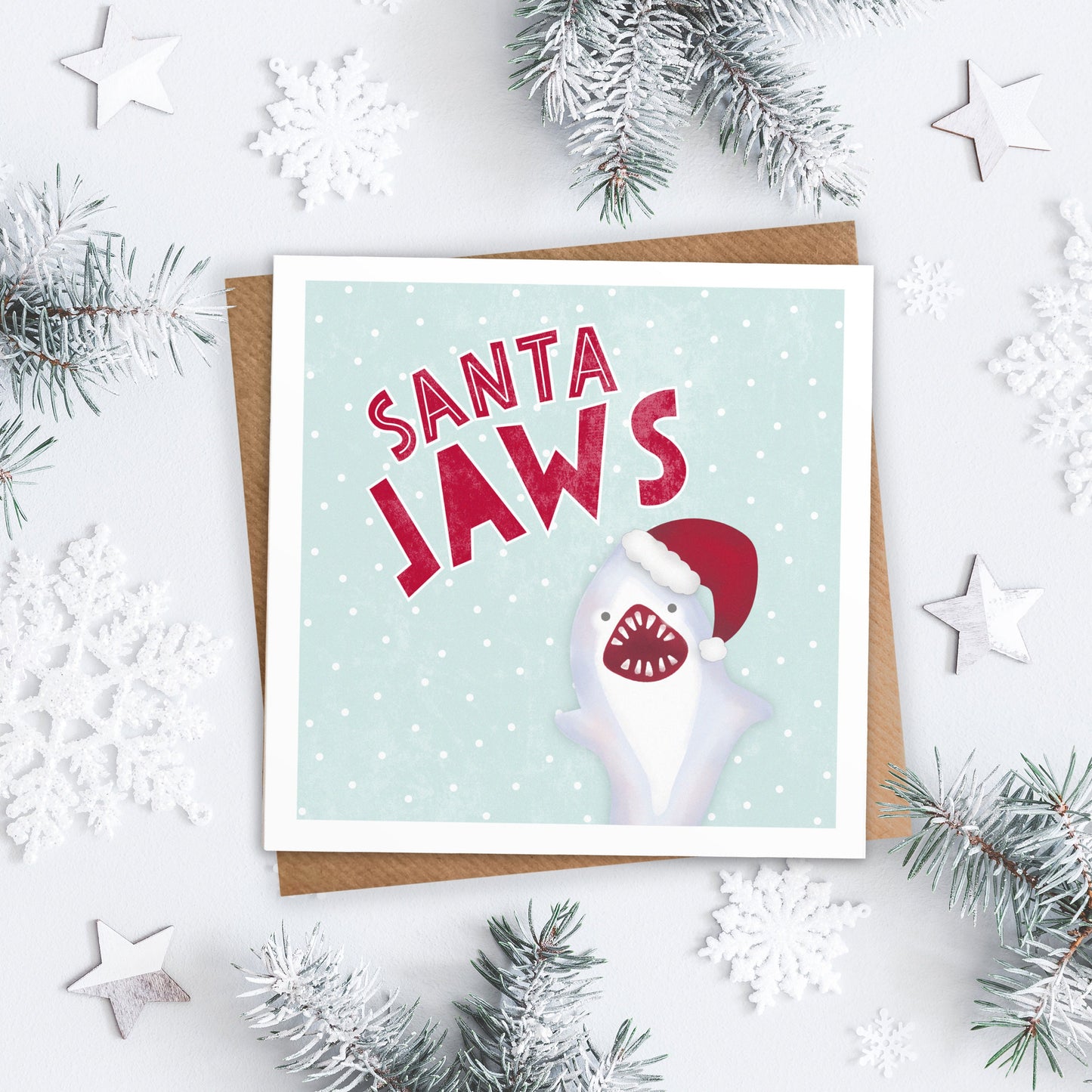 Santa Jaws Christmas Card. Personalised Christmas Card. Shark Card. Cute Shark Christmas Card. Cute Christmas Cards. Send Direct Option.