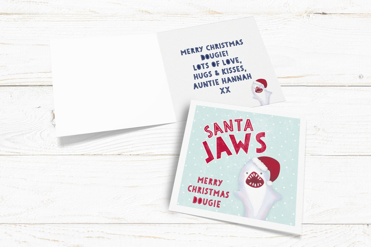 Santa Jaws Christmas Card. Personalised Christmas Card. Shark Card. Cute Shark Christmas Card. Cute Christmas Cards. Send Direct Option.