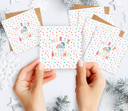 Mini Pack of Happiness - Merry and Bright Rainbow Christmas Cards. Mini Christmas Cards. Pack of Christmas Cards. Cute Christmas.
