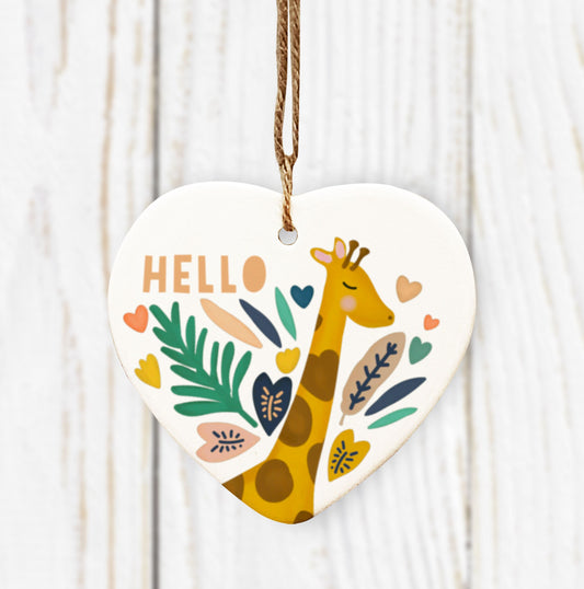 Giraffe Hello Hanging Heart. Cute Giraffe Decoration. New Baby Decoration. Baby's First Christmas. 1st Birthday Gift.