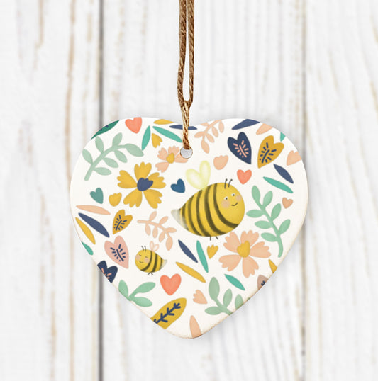 Cute Bumblebee Hanging Heart. Cute Bee Decoration. Ceramic ornament