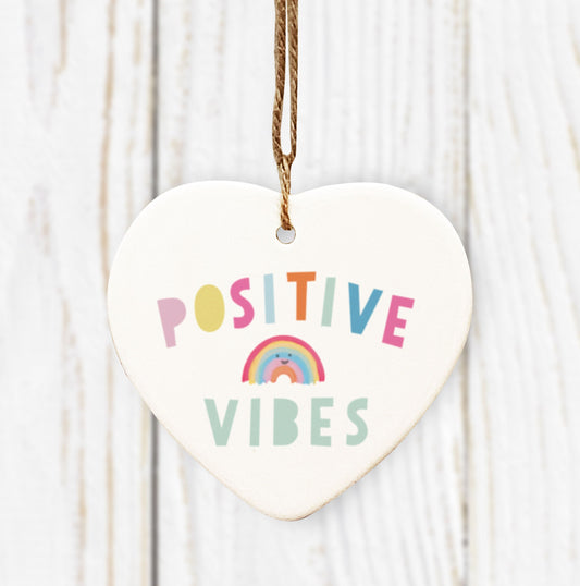 Positive Vibes Hanging Heart. Cute Rainbow Decoration. Thinking of you gift. Lockdown Gift. Thank you gift. Get well soon. Ceramic ornament