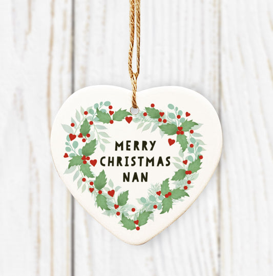 Merry Christmas Mum, Dad, Granny, Nan, Grandad Heart Tree Decoration. Holly & Foliage Wreath Christmas Decoration.Personalised Tree Bauble