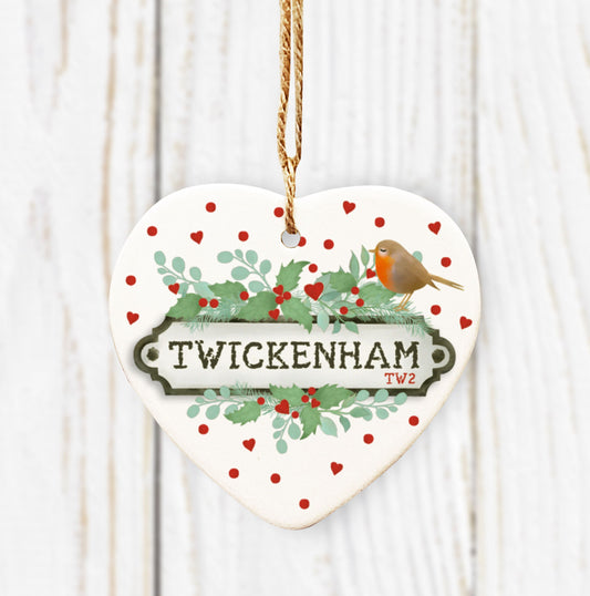 Personalised Vintage Street Name Heart Tree Decoration. Any Name or Town ornaments. Pretty Christmas Dec .Personalised Tree Bauble