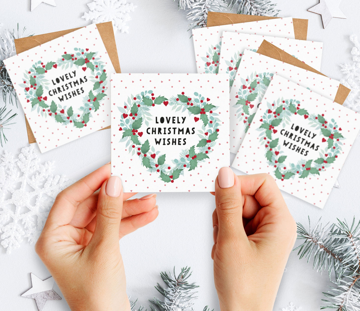 Mini Pack of Happiness - Lovely Christmas Wishes Christmas Cards. Pack of Christmas Cards. Cute Christmas. Heart Wreath Cards.