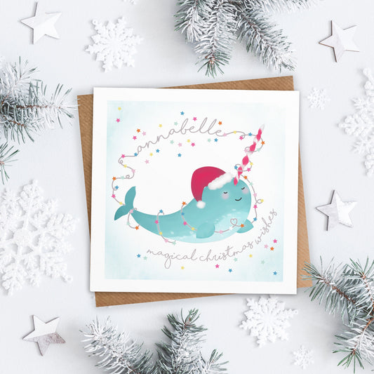 Narwhal magical Christmas wishes card. Personalised Christmas Card. Narwhal Card. Cute Christmas Card. Cute Christmas. Send direct option.