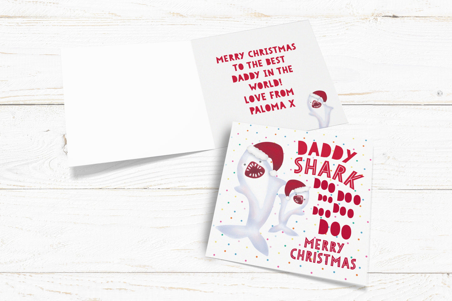 Daddy Shark Merry Christmas Card. Personalise for any name. For him. Dad Shark. Grandad Shark. Mummy Shark. Direct Send Option.
