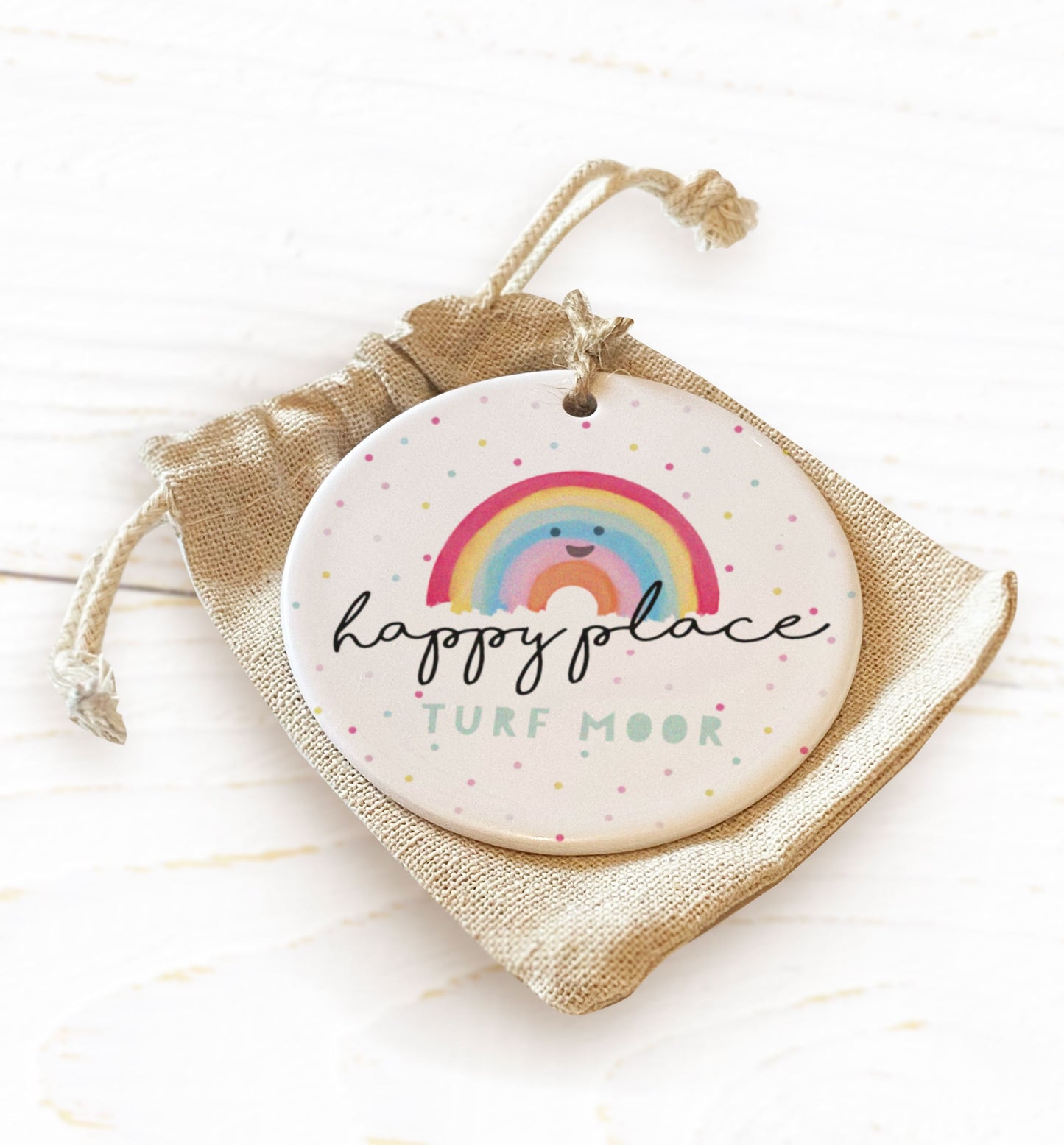 Happy Place Ceramic Decoration. Cute Rainbow Decoration. Christmas Bauble. Personalised ornament. Christmas Ceramic ornament