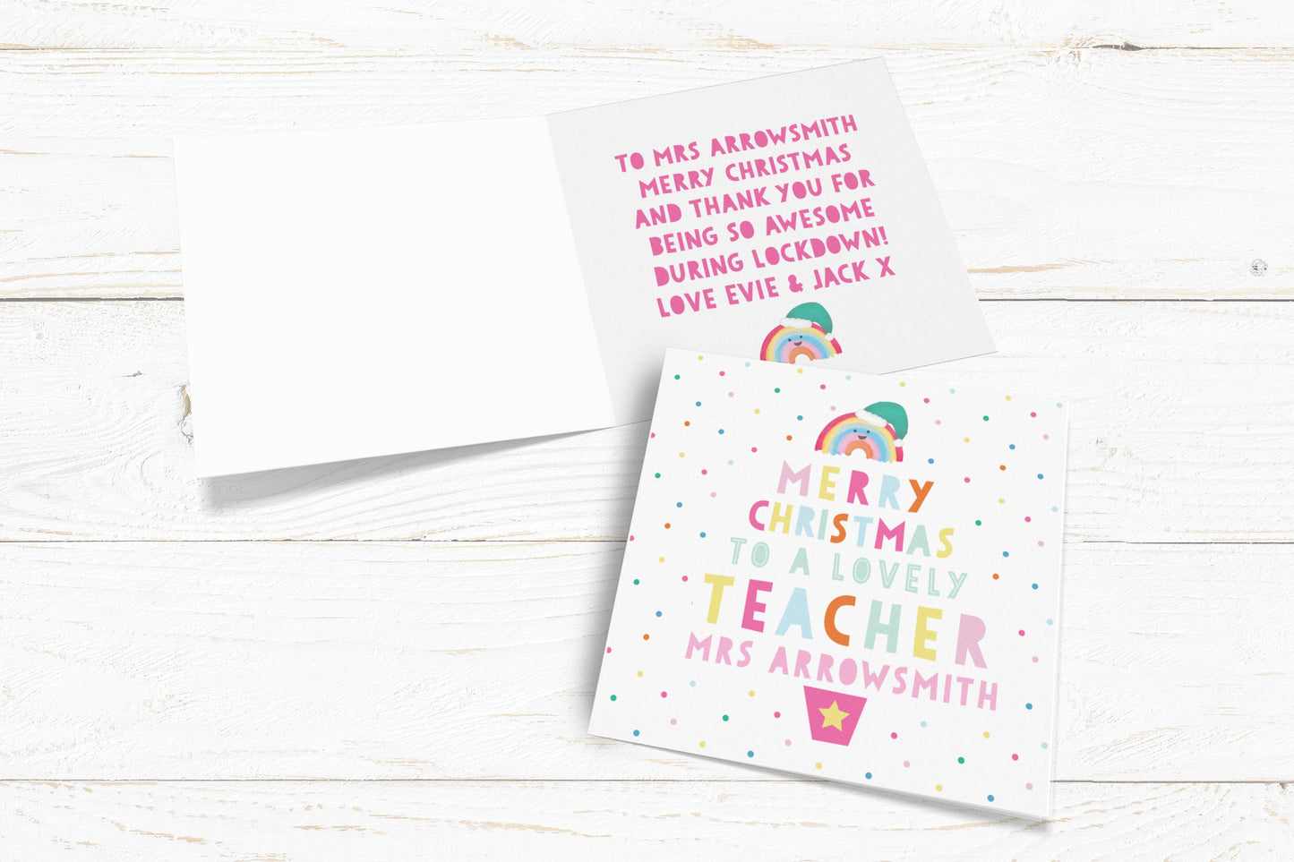 Merry Christmas to a lovely Teacher card. Personalised Christmas Card. Festive Rainbow Card. Christmas Teacher Cards. Send Direct Option.