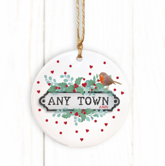 Personalised Vintage Street Name Ceramic Tree Decoration. Any Name or Town ornaments. Pretty Christmas Dec .Personalised Tree Bauble