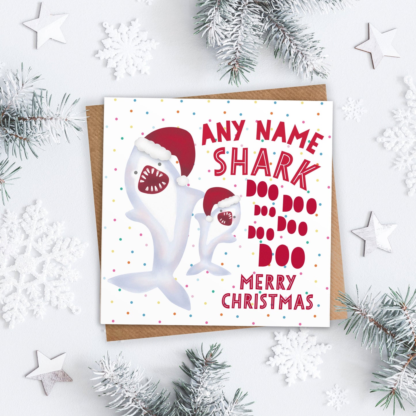 Daddy Shark Merry Christmas Card. Personalise for any name. For him. Dad Shark. Grandad Shark. Mummy Shark. Direct Send Option.