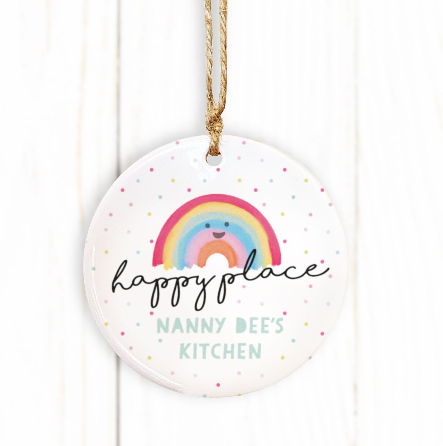 Happy Place Ceramic Decoration. Cute Rainbow Decoration. Christmas Bauble. Personalised ornament. Christmas Ceramic ornament