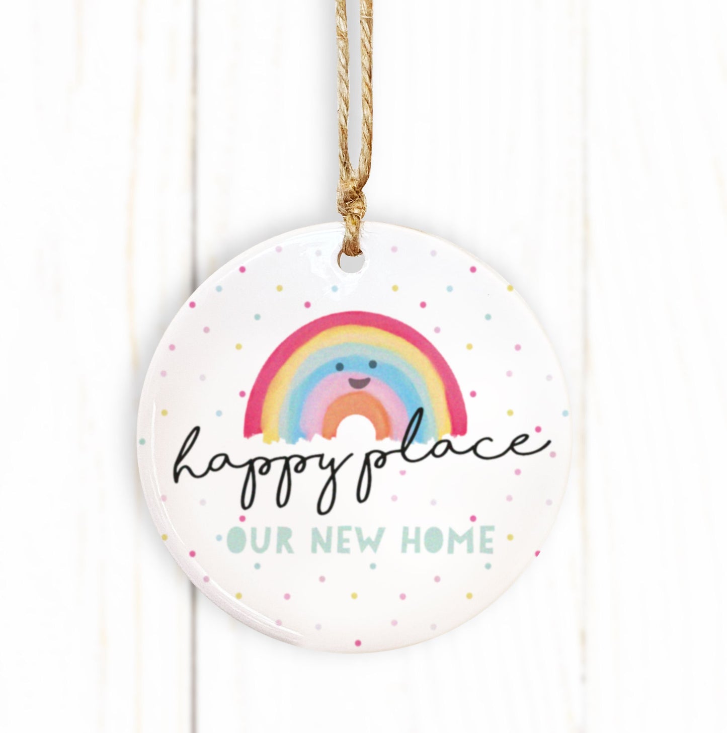 Happy Place Ceramic Decoration. Cute Rainbow Decoration. Christmas Bauble. Personalised ornament. Christmas Ceramic ornament